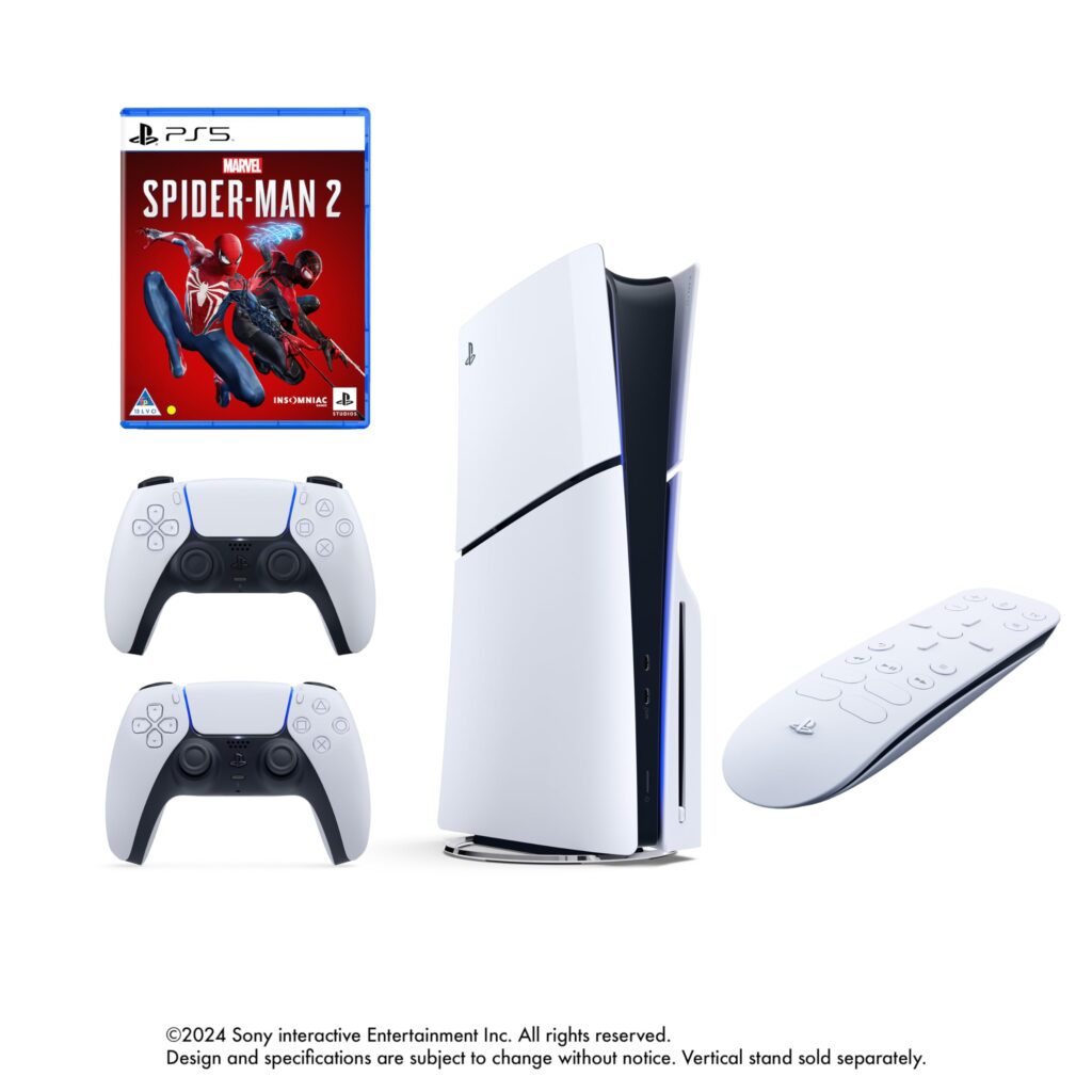SONY PLAYSTATION 5 SLIM + 2 x DUALSENSE CONTROLLER + PS5 MEDIA REMOTE + MARVEL'S SPIDERMAN 2 (PS5)